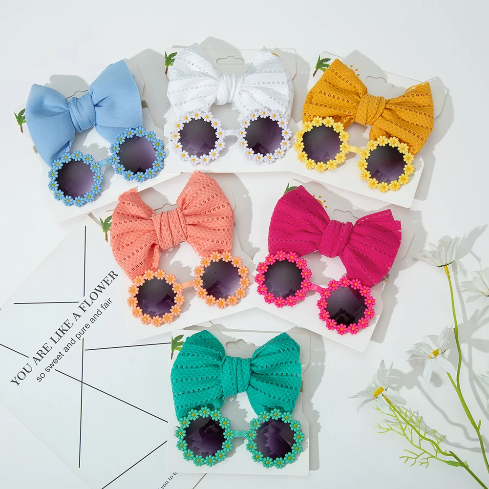 2 Teile/karte Daisy Baby Sonnenbrille Öse Bogen Stirnband Set Elastische Nylon Haarbänder Meer Sonnenbrille Kinder Kopfbedeckungen Image