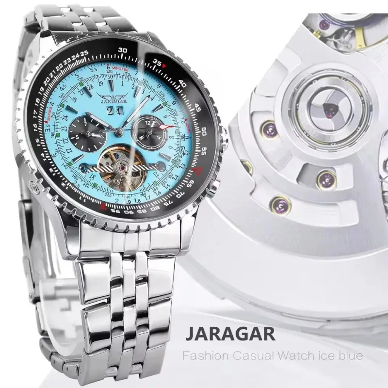 JARAGAR 034 Luxus Retro Automatische Mechanische Uhr Tourbillon Hohl Skeleton Edelstahl Kalender Woche herren Uhr reloj Image