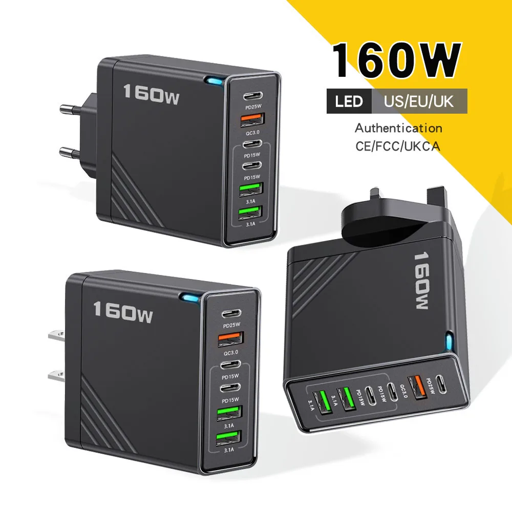 160 W Multi-Port USB C Ladegerät Schnellladung EU US UK Stecker Wandadapter Handy Tablet Reise USB Typ C Schnellladegerät Netzteil Image