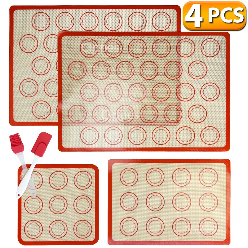 1/2/4 Stück Silikon-Backmatten mit Pinsel-Spatel-Set, antihaftbeschichtet, wiederverwendbar, hitzebeständig, für Ofen, Kekse, Macaron, Gebäck Image