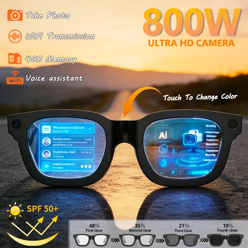 KI-4K-Brille mit Kamera, neues Upgrade, 800W HD-Videoaufnahme, KI-Fotoerkennung, Übersetzung, Bluetooth-Anrufe, Sprach-Sonnenbrille Image