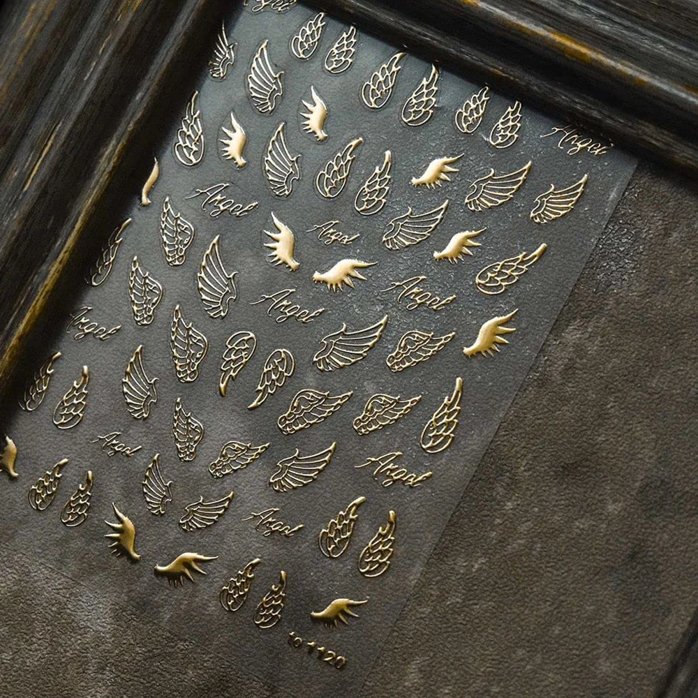 Goldfarbene Engelsflügel-Abziehbilder, 1 Stück, schwarze 3D-Flügel, halbe hohle Nagelaufkleber, selbstklebende Federschieber, Dekorationsaufkleber DHE-5D Image