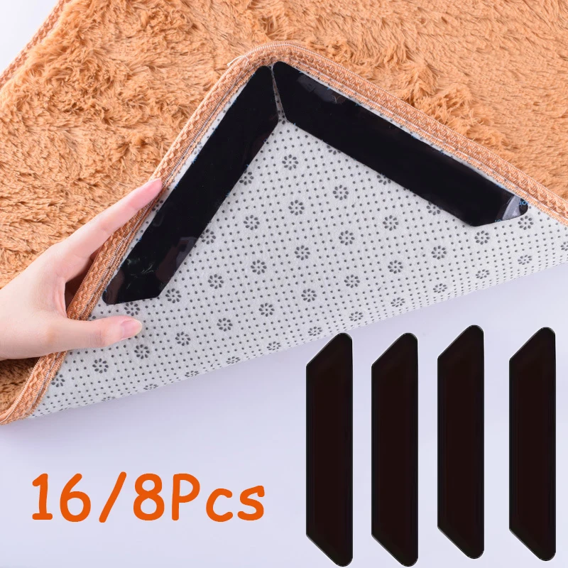 16/8 stücke Teppich Nicht-slip Aufkleber Wiederverwendbare Waschbar Anti Curling Teppich Patch Feste Aufkleber Boden Teppich Matte Band greifer Ecke Pad Image