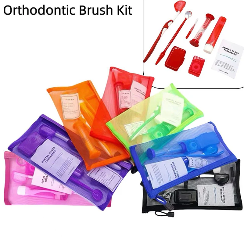 8-teiliges kieferorthopädisches Zahnpflegebürsten-Set, Zahnreinigung, Zahnspangen, Zahnbürste mit Interdentalbürste, Zahnseide, Ortho-Wachs-Reiseset Image