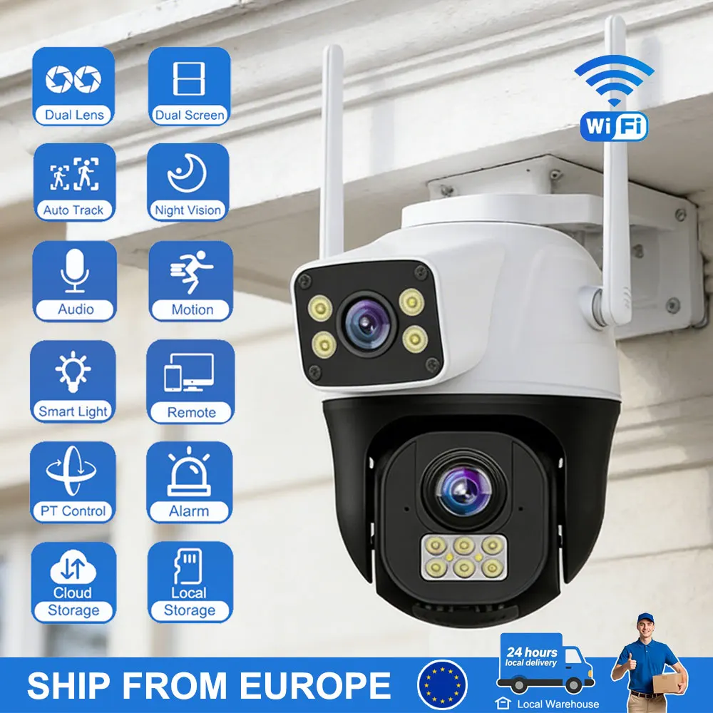 8MP 4K PTZ WLAN-Kamera mit Doppellinse und Doppelbildschirm, Kabellose Video-IP-Kamera mit Automatischer Verfolgung, Sicherheitsschutz CCTV-Monitor V380 Pro APP Image