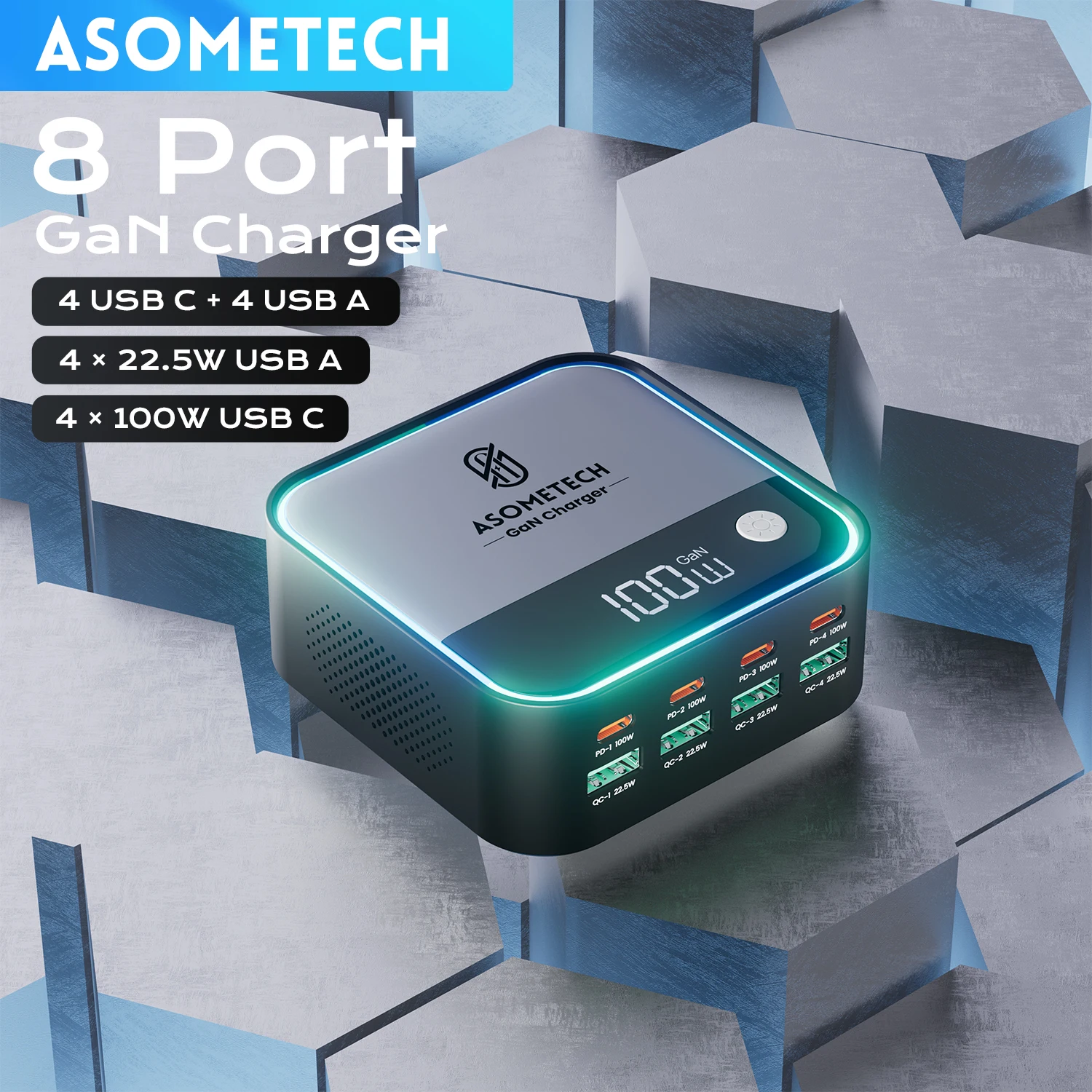 8-Ports GaN Ladegerät Atmosphäre Licht Digital Display Desktop USB Typ C 100 W PD PPS Schnelle Aufladung für IPhone 17 Laptop Samsung Image