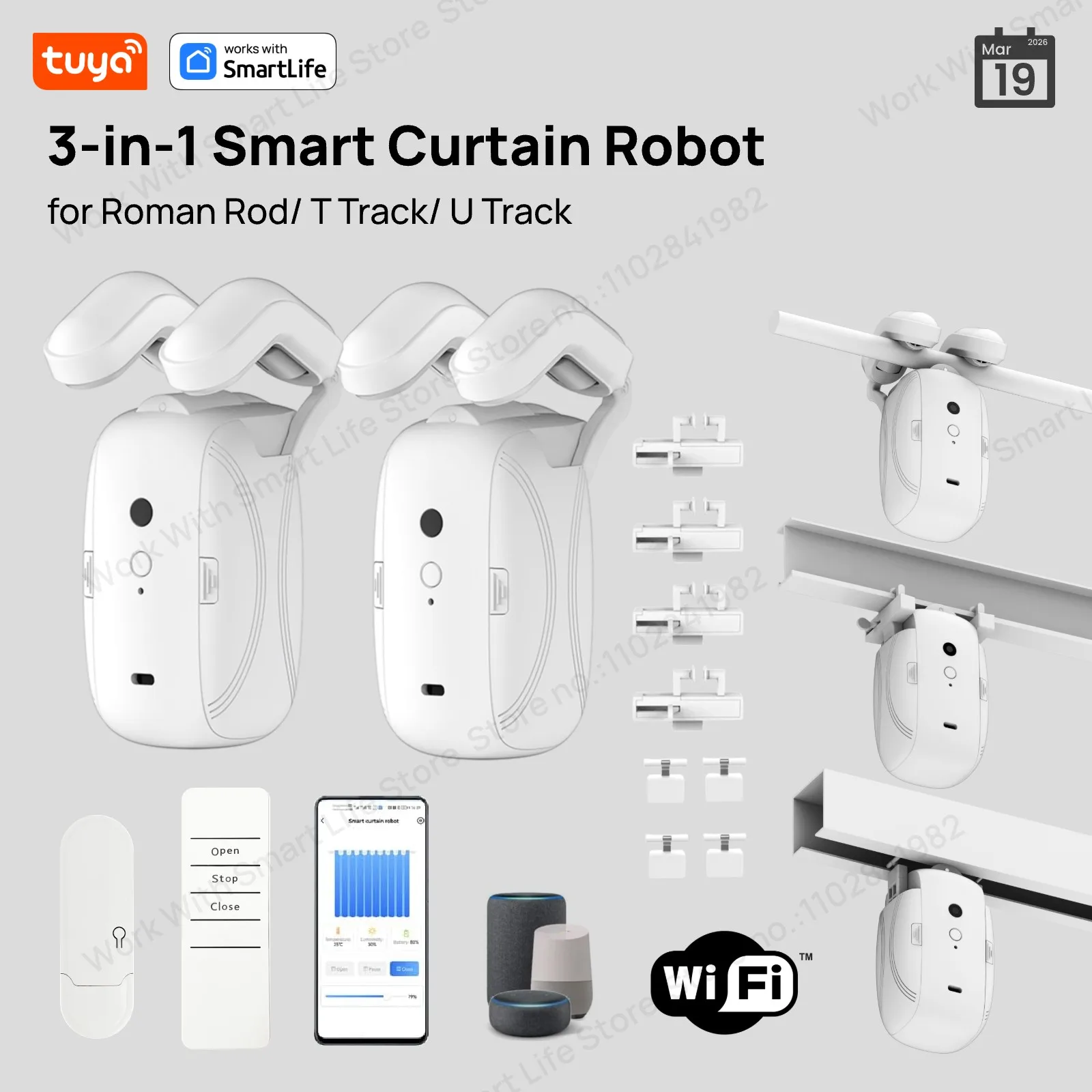 Tuya Smart Vorhangroboter, 3-in-1 WLAN-Vorhangmotor mit Tuya App-Fernbedienung, Zeitschaltuhr, Pull-to-Start-Funktion für Raffrollo- und T/U-Schienen Image