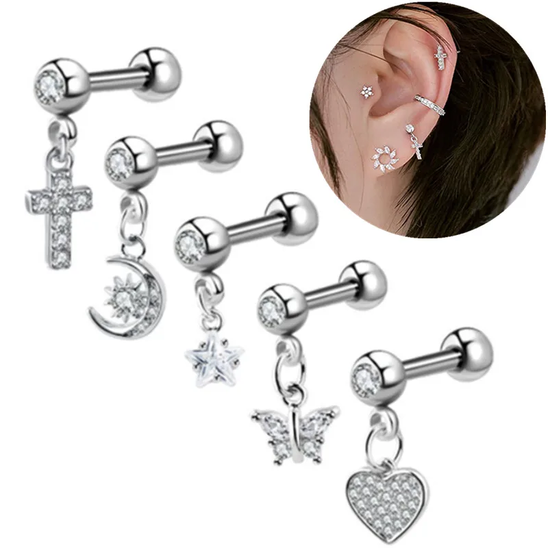 1PCS Kreuz Ohr Tragus Piercing Ohrring Stud Barbell Kristall Knorpel Stud Ohrring Helix Piercing Daith Schmuck Rook Conch Stud Image