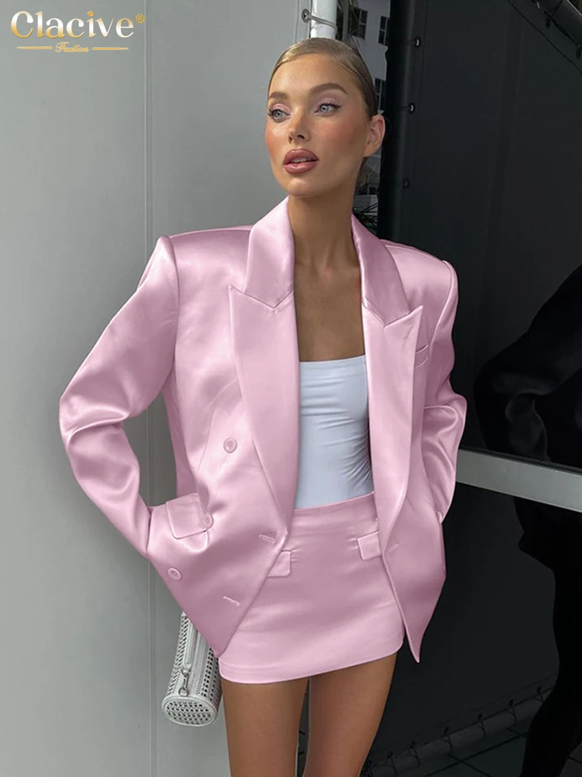 Clacive Mode Lose Rosa Satin 2 Stück Sets Frauen Outfit 2024 Elegante Langarm Blazer Mit Mittlerer Taille Mini Röcke Set weibliche