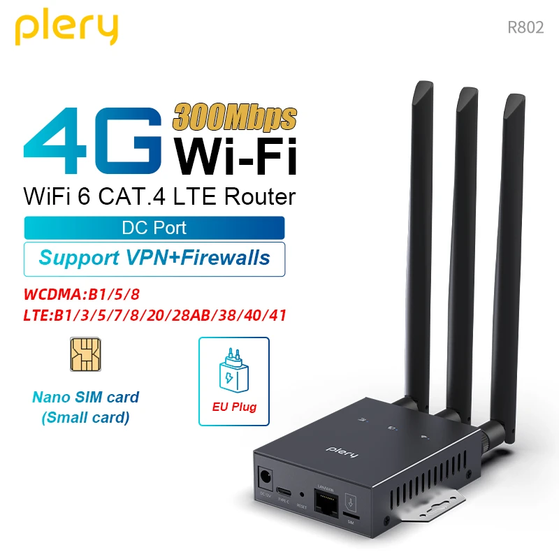 Plery 300Mbps 4G LTE Router SIM-Karten WLAN-Geräte VPN-Firewall WLAN-Router für die Ukraine Typ-C/DC 3*5dBi Antennen Reset WLAN 6 Image