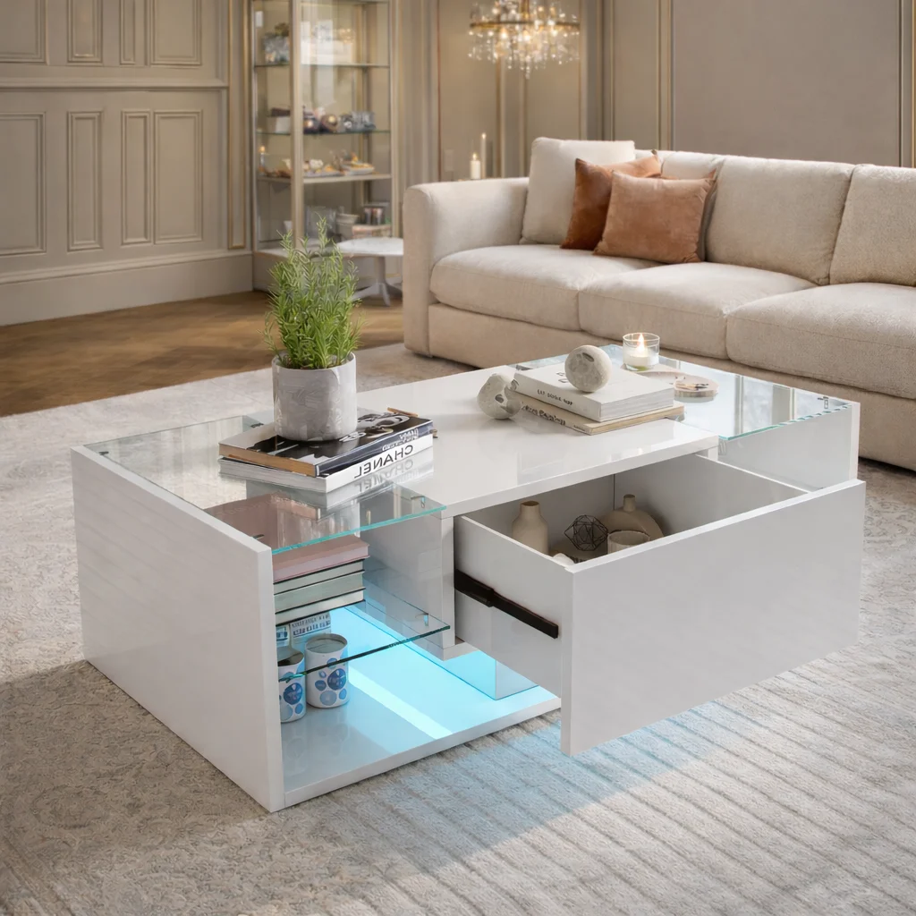Hochglanzlackierter Couchtisch mit Stauraum, Wohnzimmertisch aus Glas mit LED-Beleuchtung, moderner Beistelltisch mit offenem Fach und Schubladen, rechteckiger Couchtisch/Sofatisch für Wohnzimmer oder Büro, 100 x 50 x Image