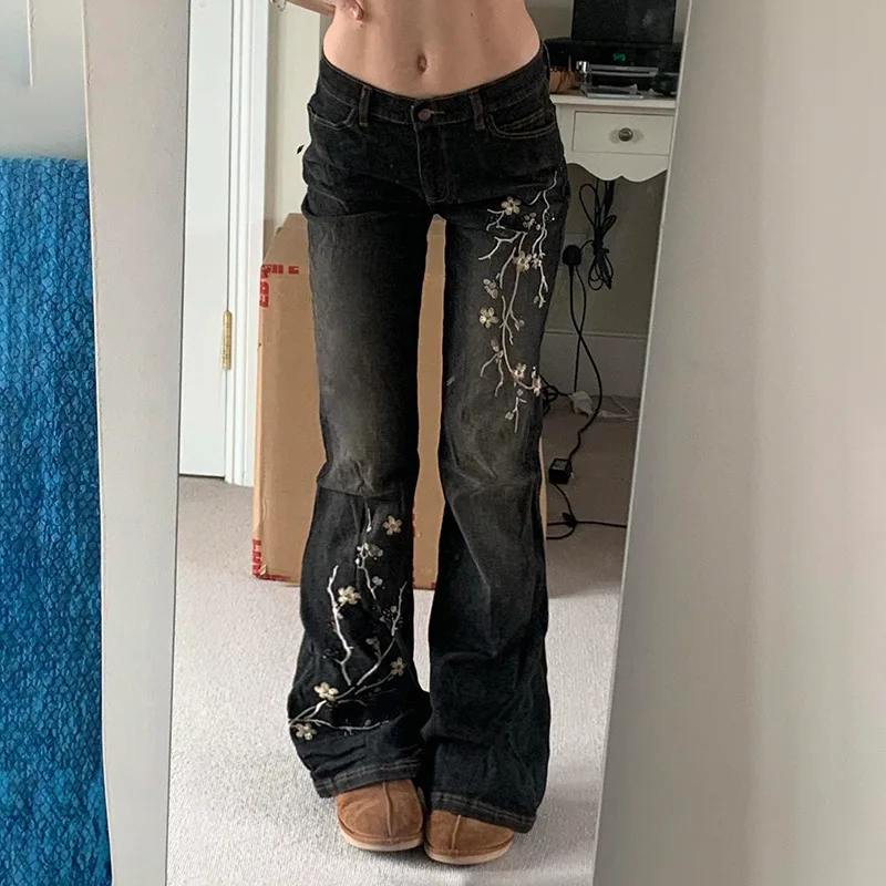 Blumenstickerei Jeans Vintage 2000er Jahre Low Rise Flared Jeans Damen Retro Y2k Baggy Denim Hose High Street Basic Hose Image