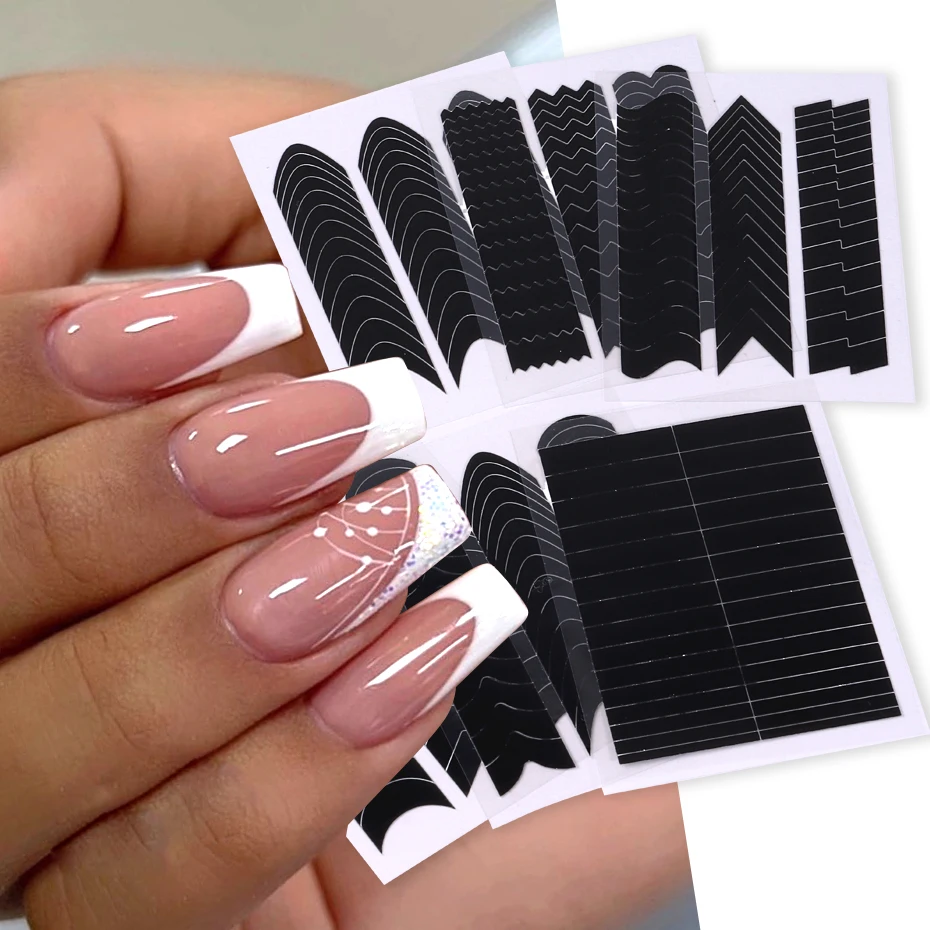 Französische Streifenlinie Nail Art Form Fransen Spitze Führungen Wellig Schräg Spray Vorlage Aufkleber Kreative Schablone DIY Maniküre Werkzeuge Dekor Image