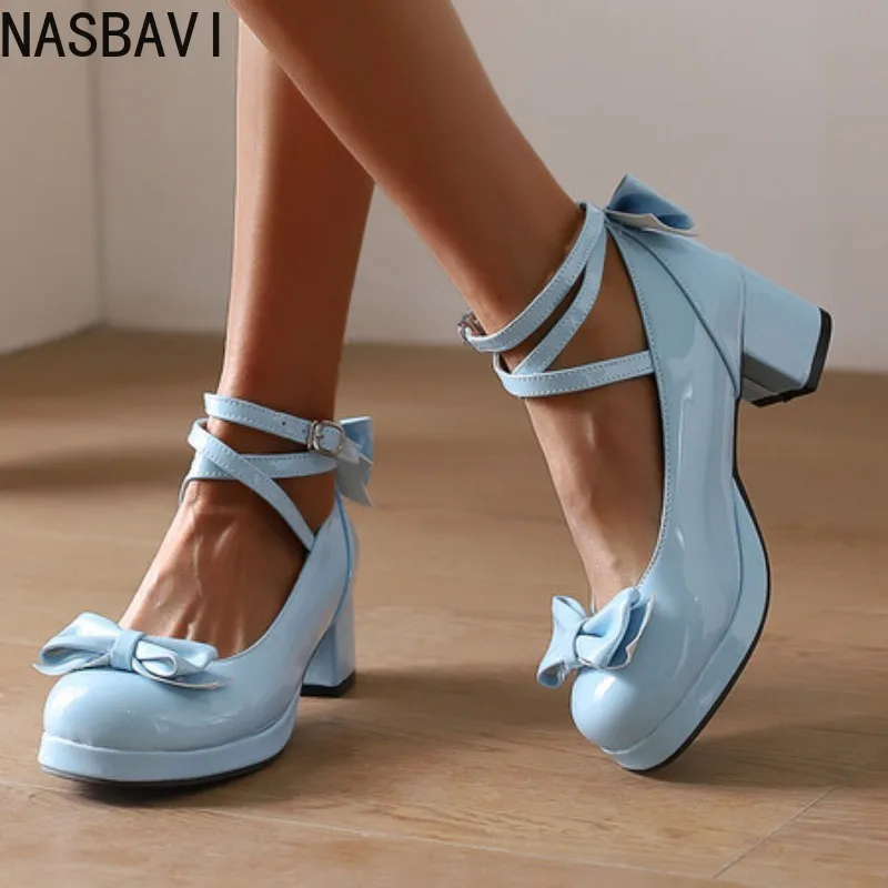 NASBAVI Lolita Plattform High Heels Cross Strap Mary Jane Pumps Süße Schleife Frauen Schuhe Lila Damen Prinzessin Starke Ferse Schuhe