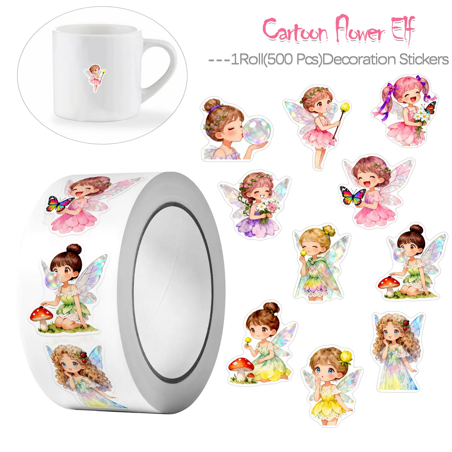 1 Rolle (500 Stück) Cartoon Hübsche Blumen-Elfen-Aufkleber 2,5 cm/1 Zoll Festival-Partygeschenke Handwerk Dekoration Versiegelung Geschenk Scrapbooking-Etikett Image