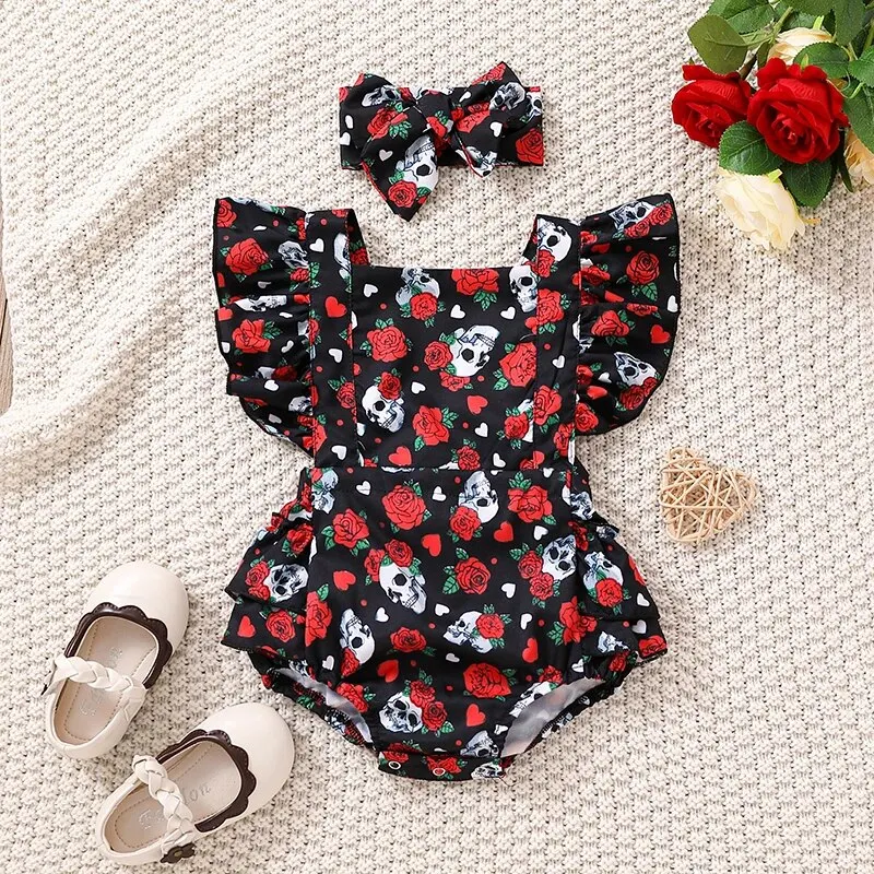 Sommer Neugeborene Baby kleidung Rose Schädel Kürbis Schatz fliegende Ärmel Dreieck Stram pler Overall Image