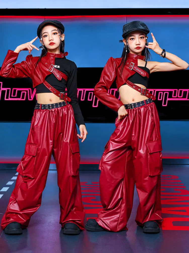 Kind Hip Hop Kleidung T Shirt Crop Top Weinrot Arm Hülse Kunstleder Casual Cargo Hosen für Mädchen Jazz Dance Kostüme Kleidung Image