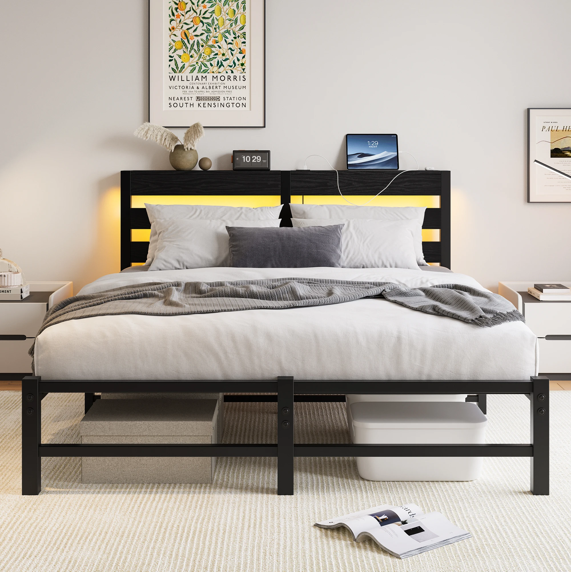 90,120,140 cm großes Metallbett, komplettes/Queen-Size-Bettgestell mit Ladestation, LED-Beleuchtung und USB-Ladestation Image