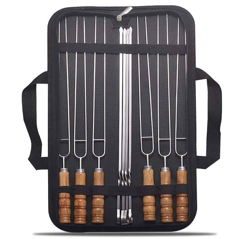 10 Teile/satz Edelstahl Draht BBQ Spieße Holzgriff Grill Braten Sticks Outdoor Camping BBQ Werkzeuge Lagerung Tasche Kit Image