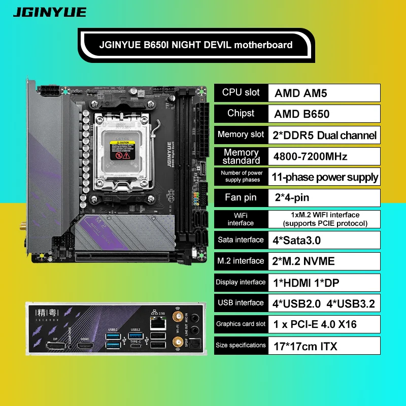 Das JGINYUE AM5-Motherboard unterstützt CPU-Prozessoren der AMD Ryzen 7000-Serie DDR5 Dual-Channel-Speicher RAM ITX B650i Night Devil Image