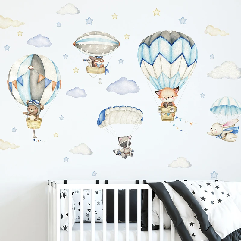 Cartoon Niedliche Tiere Heißluftballon Wandaufkleber für Kinderzimmer Baby Kinderzimmer Wandtattoos Schlafzimmer Dekoration Home Decor PVC