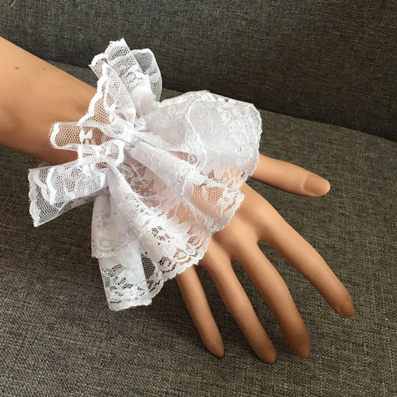 Lolita Hand ärmel Handgelenk Manschetten gekräuselt Blumen schwarze Spitze elastisches Armband elegante Damen kurze Spitze Handschuhe Halloween