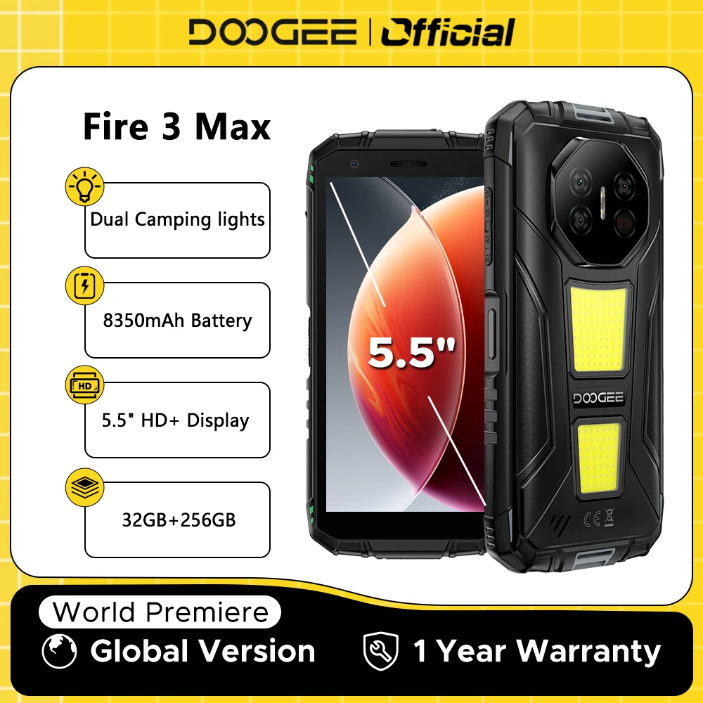 Globale Version DOOGEE Fire 3 Max Robustes Telefon 32 GB + 256 GB 5,5 Zoll HD + Display Campinglichter 8350 mAh UNISOC T7250 48 MP NFC Android15