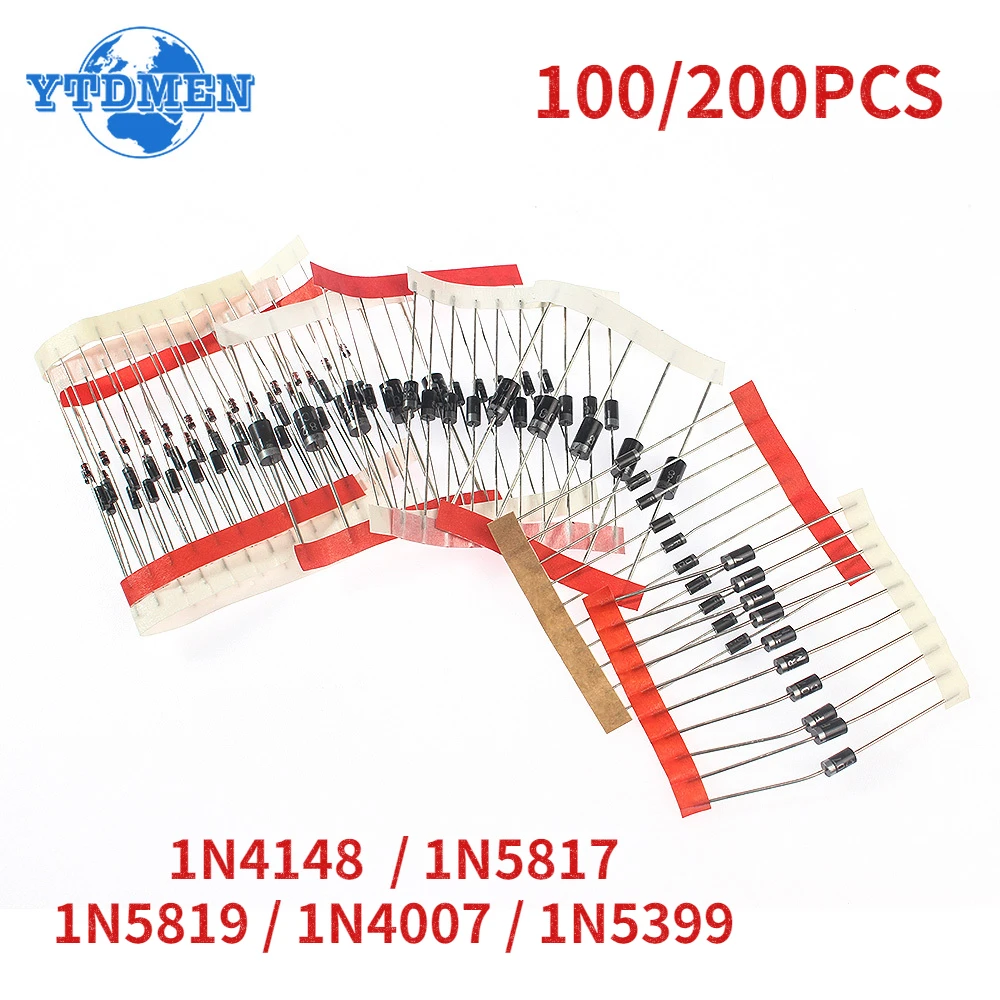 100/200 Stück schnell schaltbare Schottky-Diode 1N4148 1N5817 1N5819 1N4007 1N5399 Gleichrichterdioden-Kit DO-41 / DO-35 / DO-15 Image