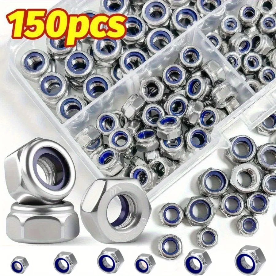 150 Stück Nylon-Sicherungsmuttern – rutschfest, selbstsichernd, sechseckige Kappe, Vollgewinde, Rechtsgewinde, M3/M4/M5/M6 Image