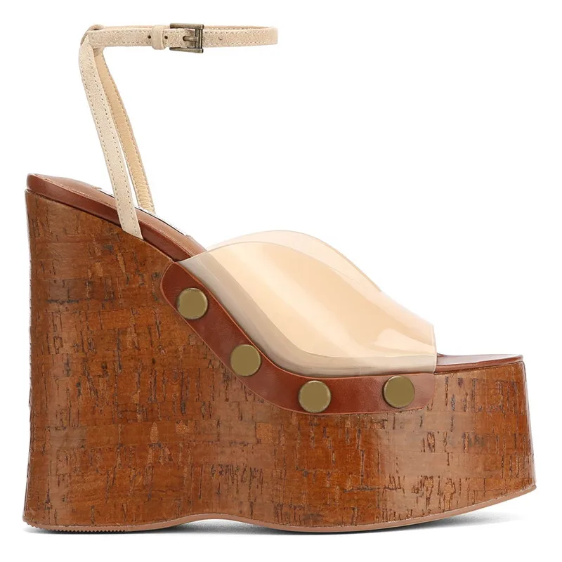 2026 Sommer Gladiator Sandalen Damen Keilabsatz Schuhe Transparente Knöchelriemen Hoher Absatz Dicke Sohle Holzmaserung Plateau-Sandalen