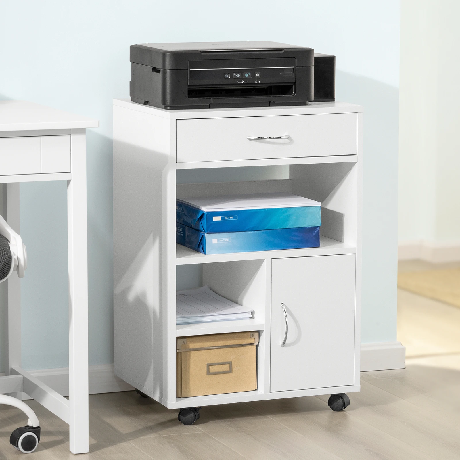 SoBuy FBT106-W Druckertisch mit Schublade und Tür Aktenschrank Rollcontainer mit Fächern Bürowagen Beistellwagen Bürocontainer