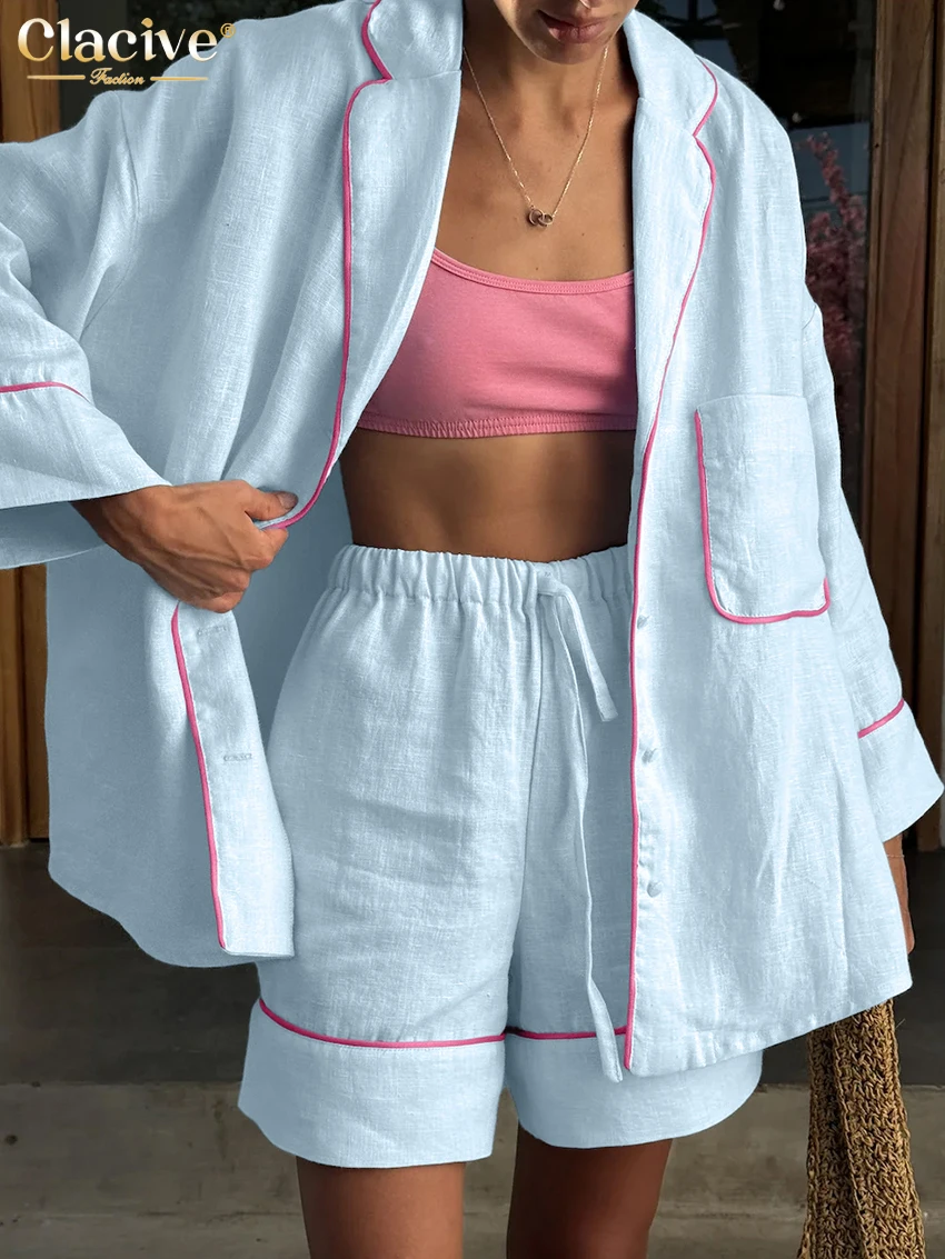 Clacive Mode Lose Blaue Baumwolle Hause frauen Zwei Stücke Set 2025, Elegantes Langarm-shirt Mit Hoher Taille Shorts Set weibliche Image