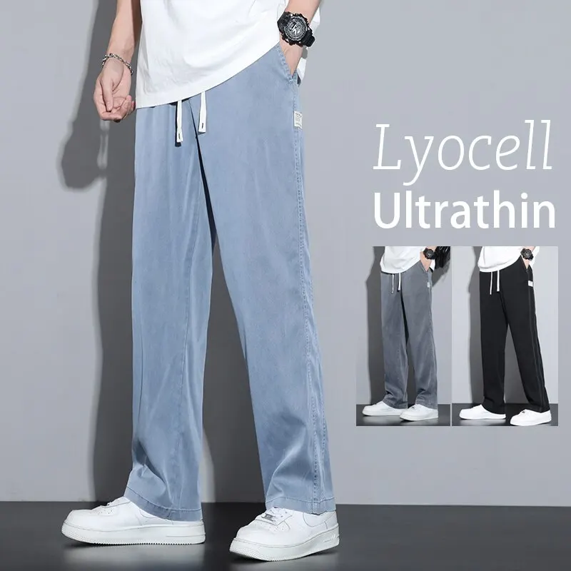 Weiches Lyocell-Gewebe Herren jeans dünne, gerade Hose mit Kordel zug, elastische Taille, Korea, Freizeit hose, plus Größe M-5XL Image