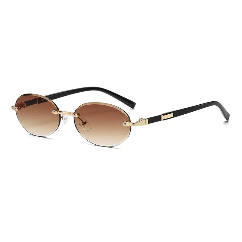 Personalisierte Sonnenbrille mit ovalem Rahmen für Damen und Herren, Retro-Metall-High-End-Sonnenbrille, luxuriöser rahmenloser Besatz, Reisen, UV400-Brille Image