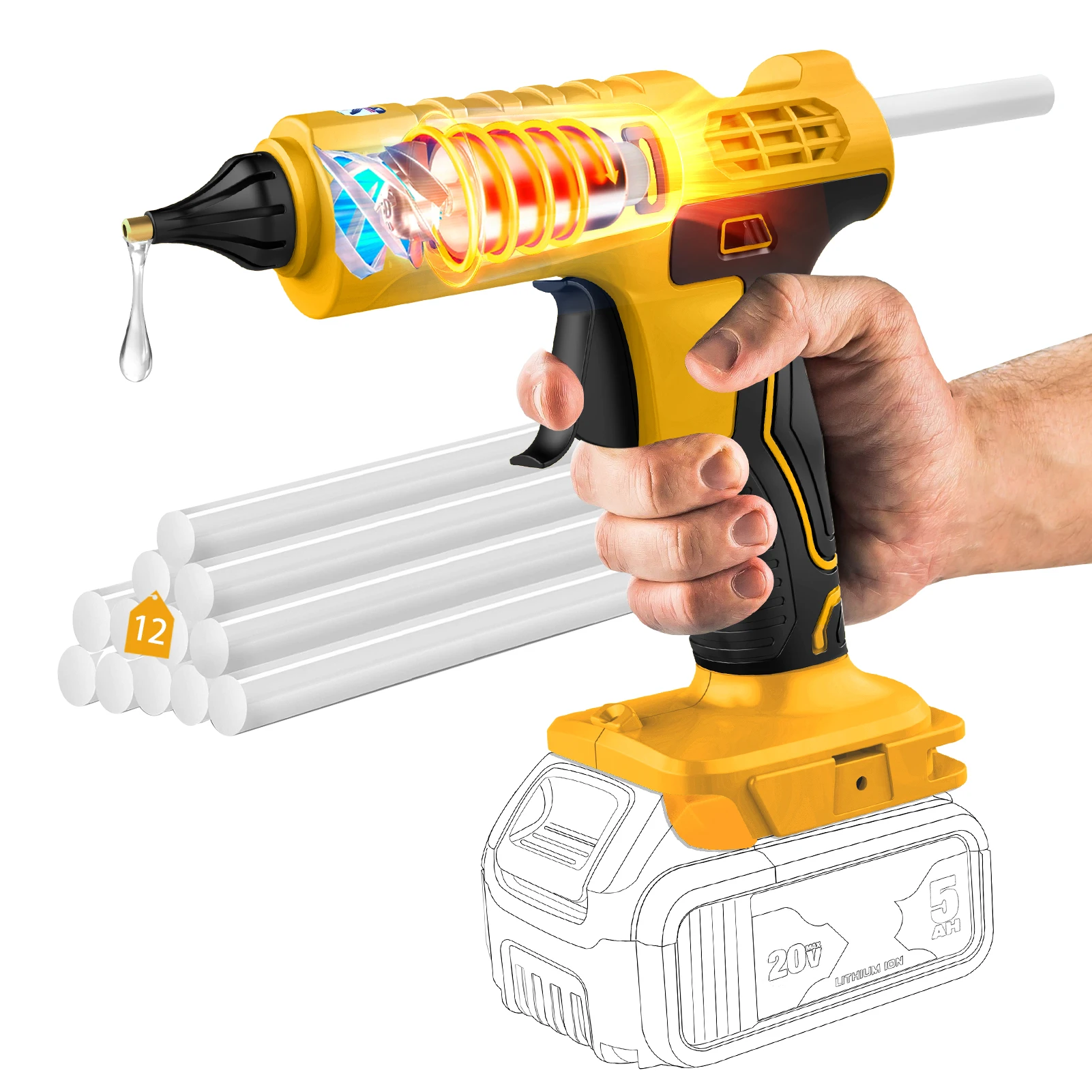 100 W kabellose Heißklebepistole für DeWalt 20 V Akku (KEINE Batterie), kabellose Power-Klebepistole in voller Größe mit 12 Stück Klebestiften (11 mm)