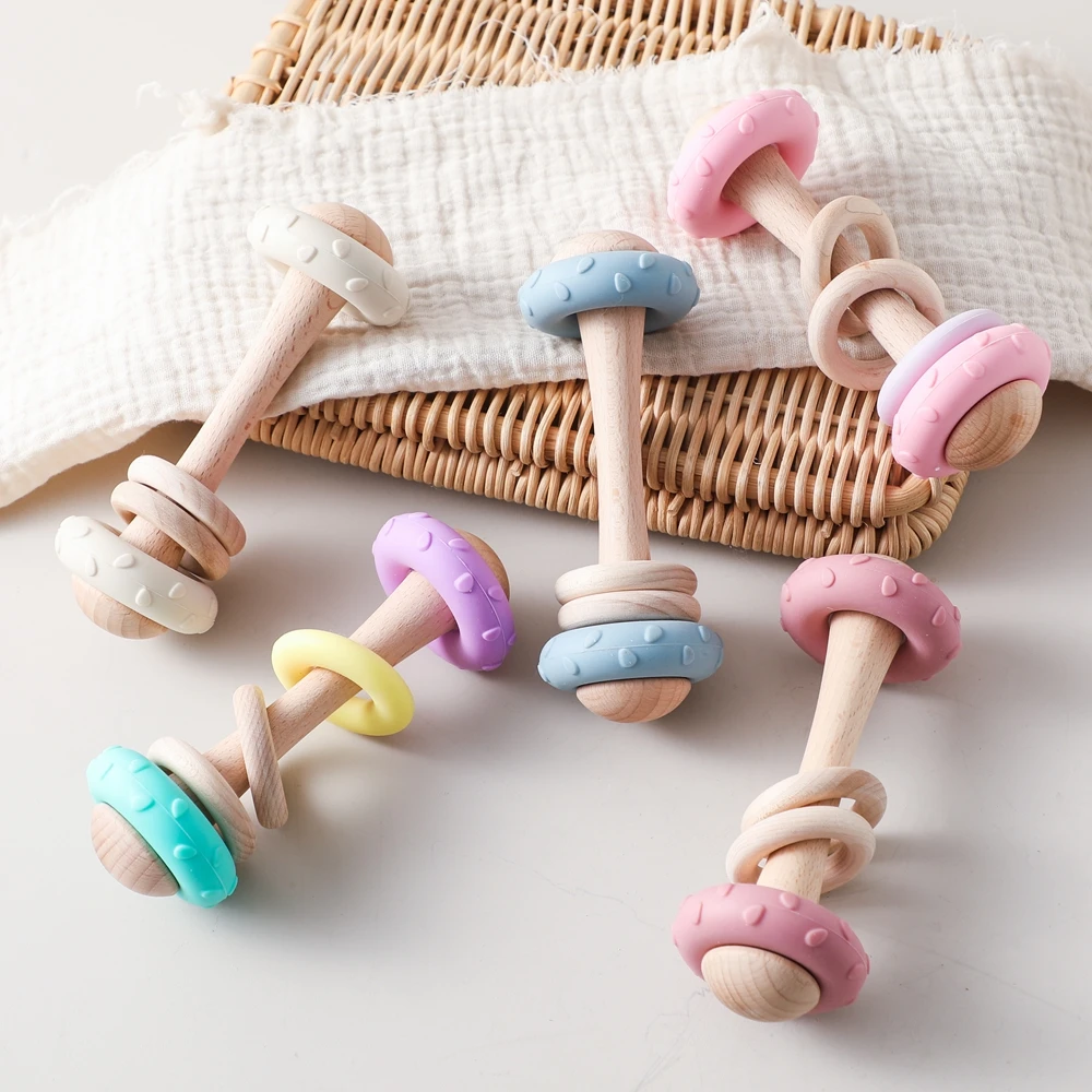 Babyspielzeug, Holzrasseln, Silikonring, Baby 0, 12 Monate, Spielzeug, Rasseln, Beißring, sensorisches Spielzeug für Babys, Beißring aus Holz für Babygeschenke Image