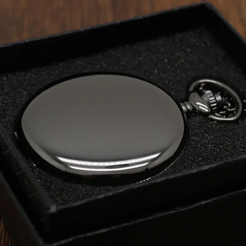 Retro Schwarz Mode Silber Glatte Steampunk Quarz Taschenuhr Edelstahl Anhänger 30CM Kette Geschenk Box für Männer Frauen freund Image