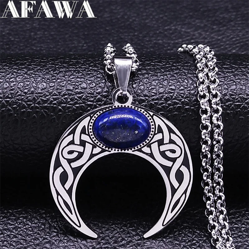 Vintage Crescent Moon Knoten Anhänger Halsketten für Frauen Edelstahl Blau Stein Silber Farbe Punk Kette Schmuck collier N7941 Image