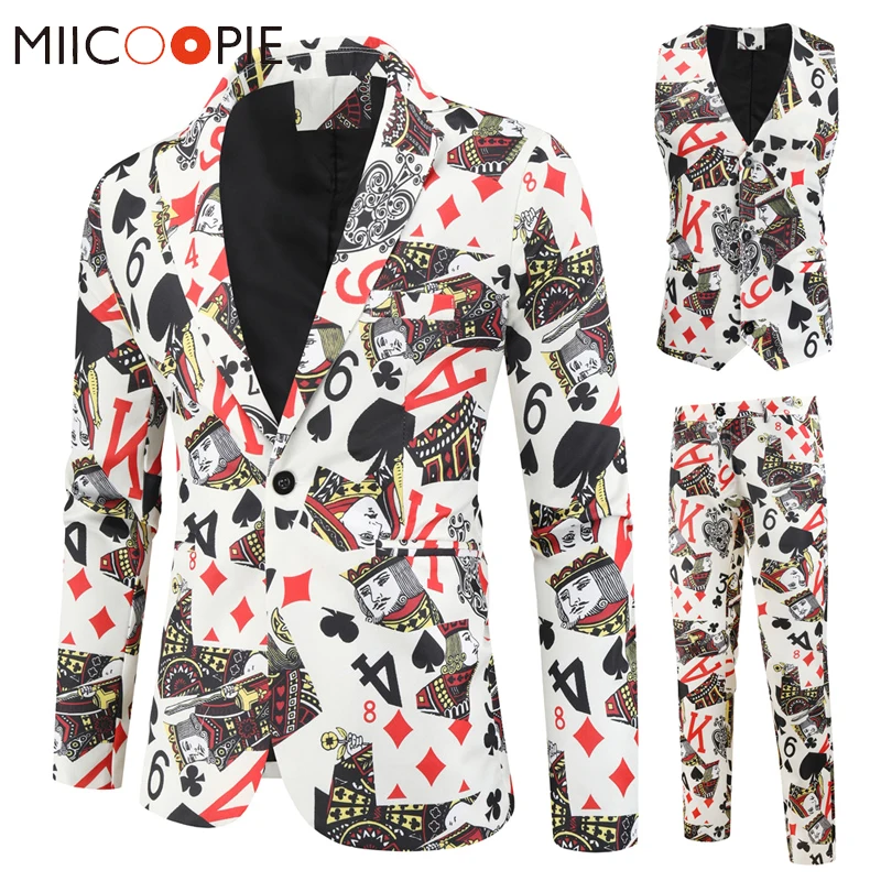 Klassische Spielkarten Gedruckt 3 Stück Blazer + Weste + Hosen Herbst Party Nachtclub Hip Hop Sänger Slim Fit Kostüm smoking Männer Anzug