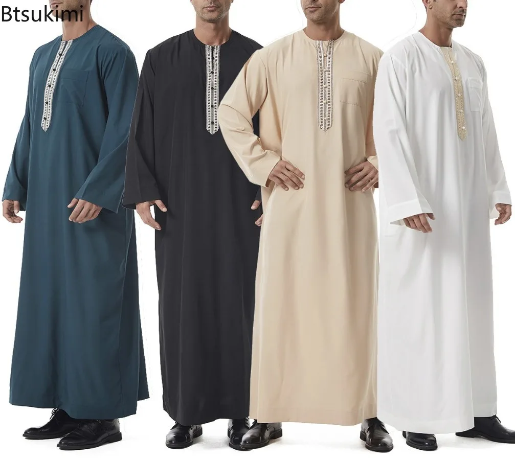 Muslimische Roben für Herren, Naher Osten, arabischer Ramadan, islamische Saudi-Arabien-Kleidung, einfarbig, lässig, Rundhalsausschnitt, langärmelig, Pullover-Kleid Image