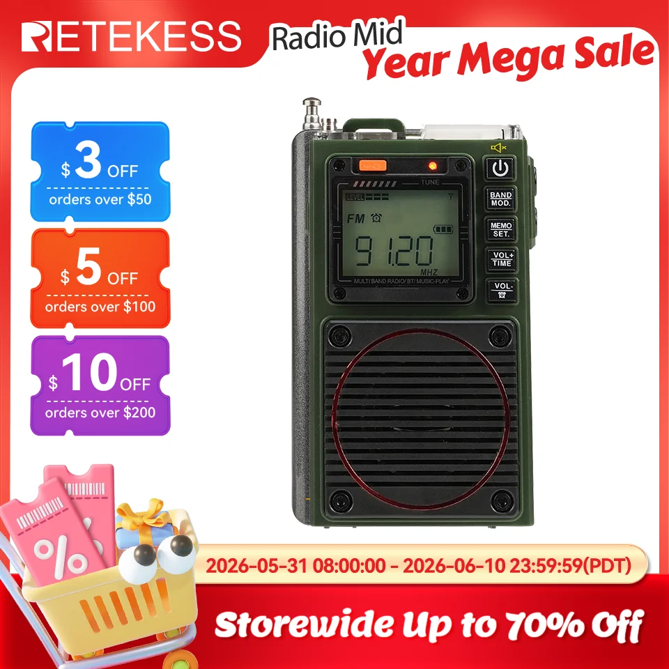 Retekess TR111 Radio FM Tragbare Radios AM FM Mini Amateurfunk Kurzwellen Notfall Amateurfunk Multiband SW VHF WB Wecker Image