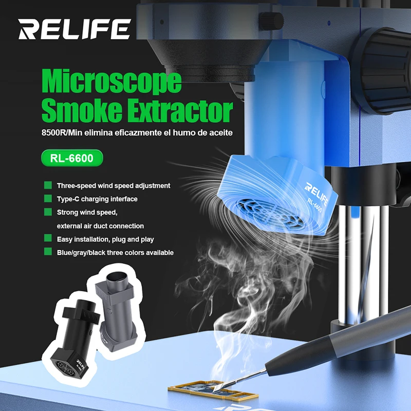 RELIFE RL-6600 Mikroskop-Rauchabsauger, Windgeschwindigkeitseinstellung mit drei Geschwindigkeiten, 8500 U/min, entfernt effektiv Ölrauch Image