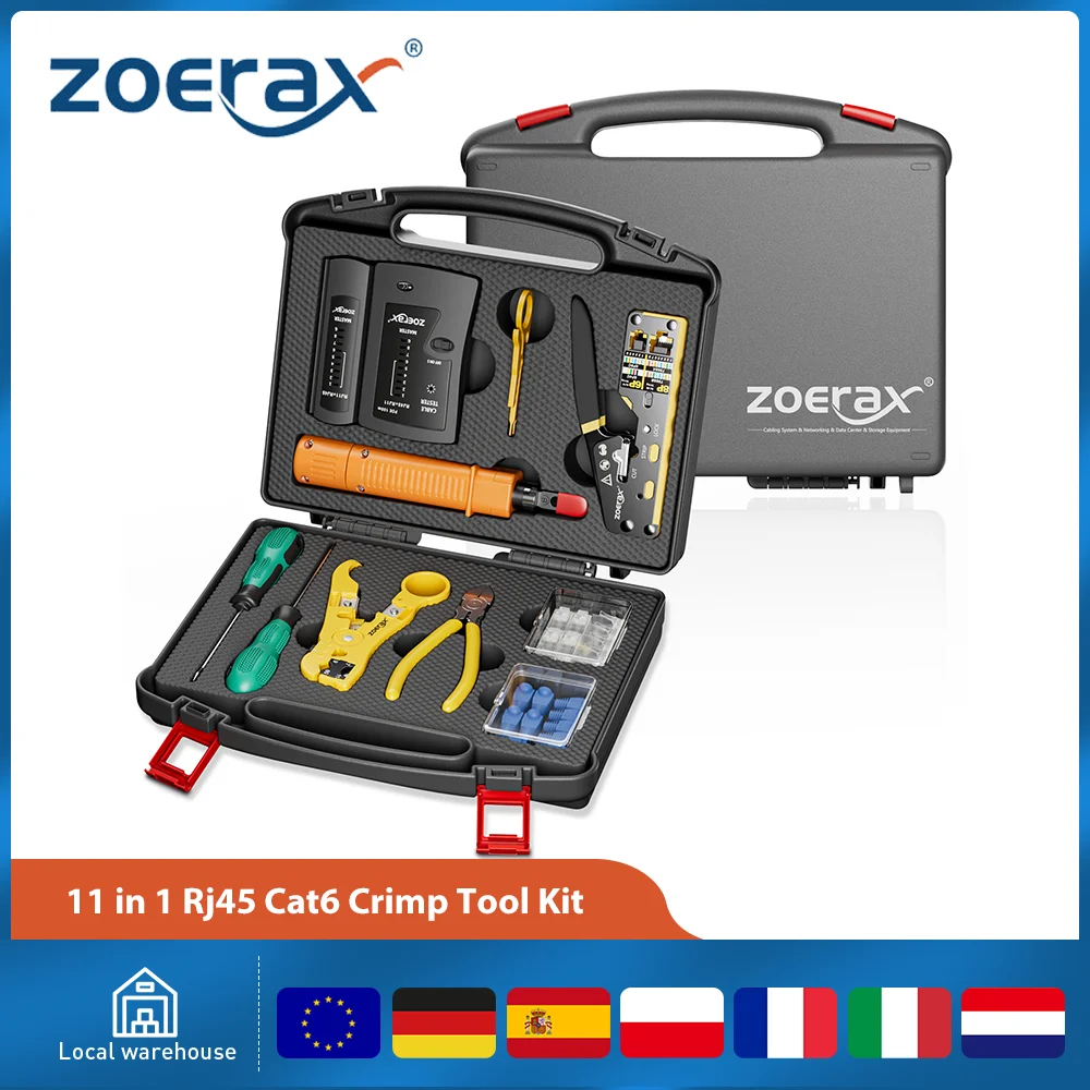 ZoeRax RJ45 CAT6 CAT5E Crimp Tool Kit Netzwerk Tool Kit RJ45 Pass Through Crimping Tool Kabel Tester Punch Down Tool Stripper Image