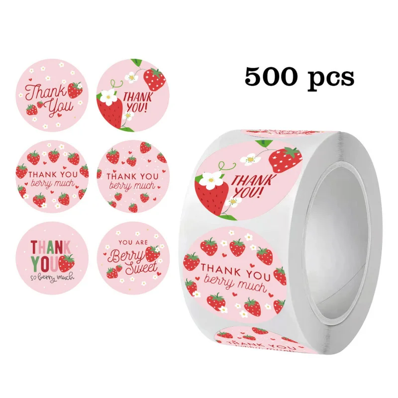 500 Stück Erdbeer-Dankeschön-Aufkleber, selbstklebende Etiketten, Umschläge, Geschenk, Siegelaufkleber, Geburtstagsfeier, Cupcake-Dekorationsaufkleber Image
