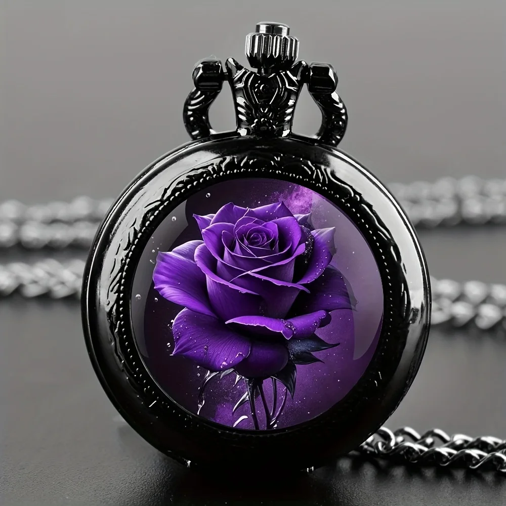 Damen-Quarz-Taschenuhr-Halskette mit lila Rosen- und schwarzem Glasanhänger, elegantes Blumendesign für lässige oder formelle Outfits
