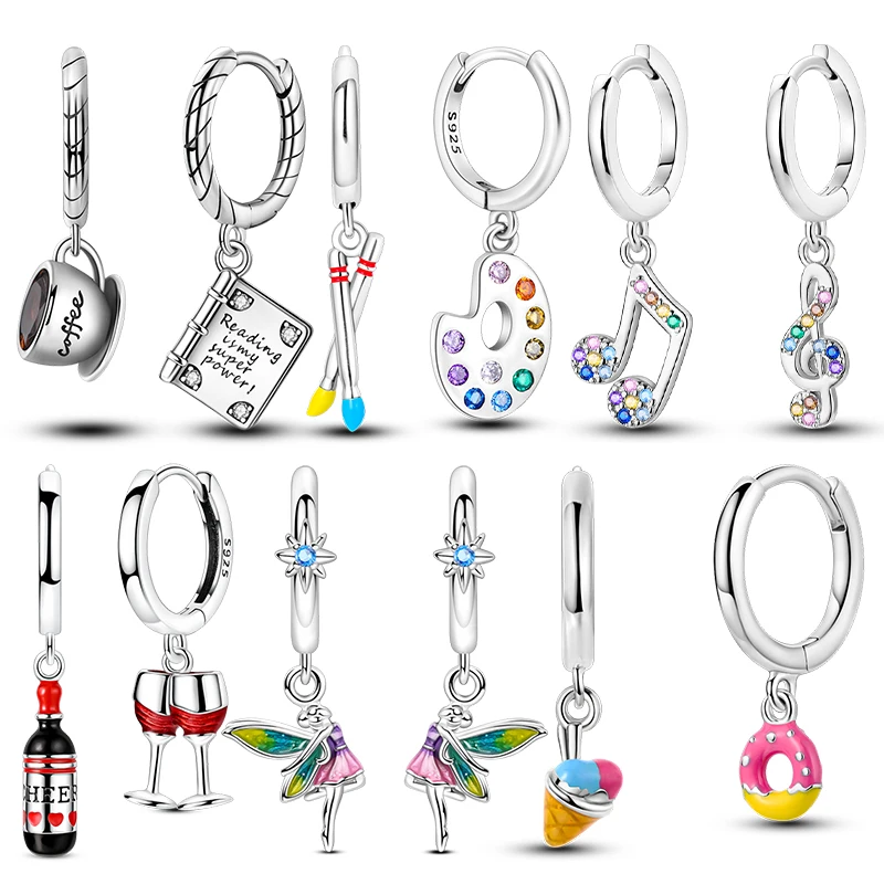 925 Sterling Silber Creolen mit Zirkonia, Musiknoten-Motiv, Maler-Lifestyle-Elemente, Ohrringe für Frauen und Mädchen, Modeschmuck-Geschenk