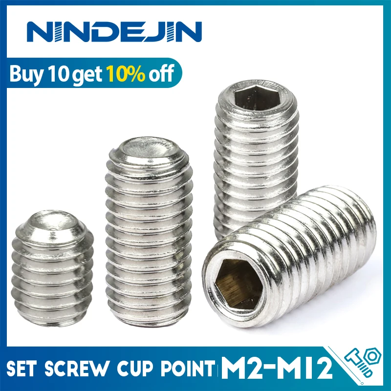 NINDEJIN Innensechskant-Stellschraube, Topfspitze, Edelstahl, M2, M3, M4, M5, M6, M8, M10, kopflose Innensechskant-Mad-Schraube DIN916 Image