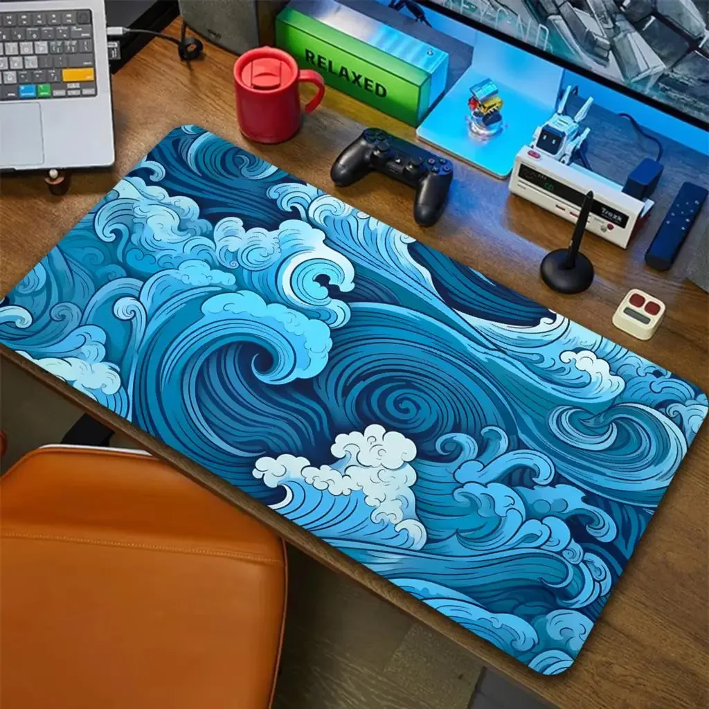 Japanische blaue Wellen Mauspad Schreibtischunterlage Kunst XXL Gaming Mauspads Büro Mousepad 900x400 Naturkautschuk Tischset Zubehör Image