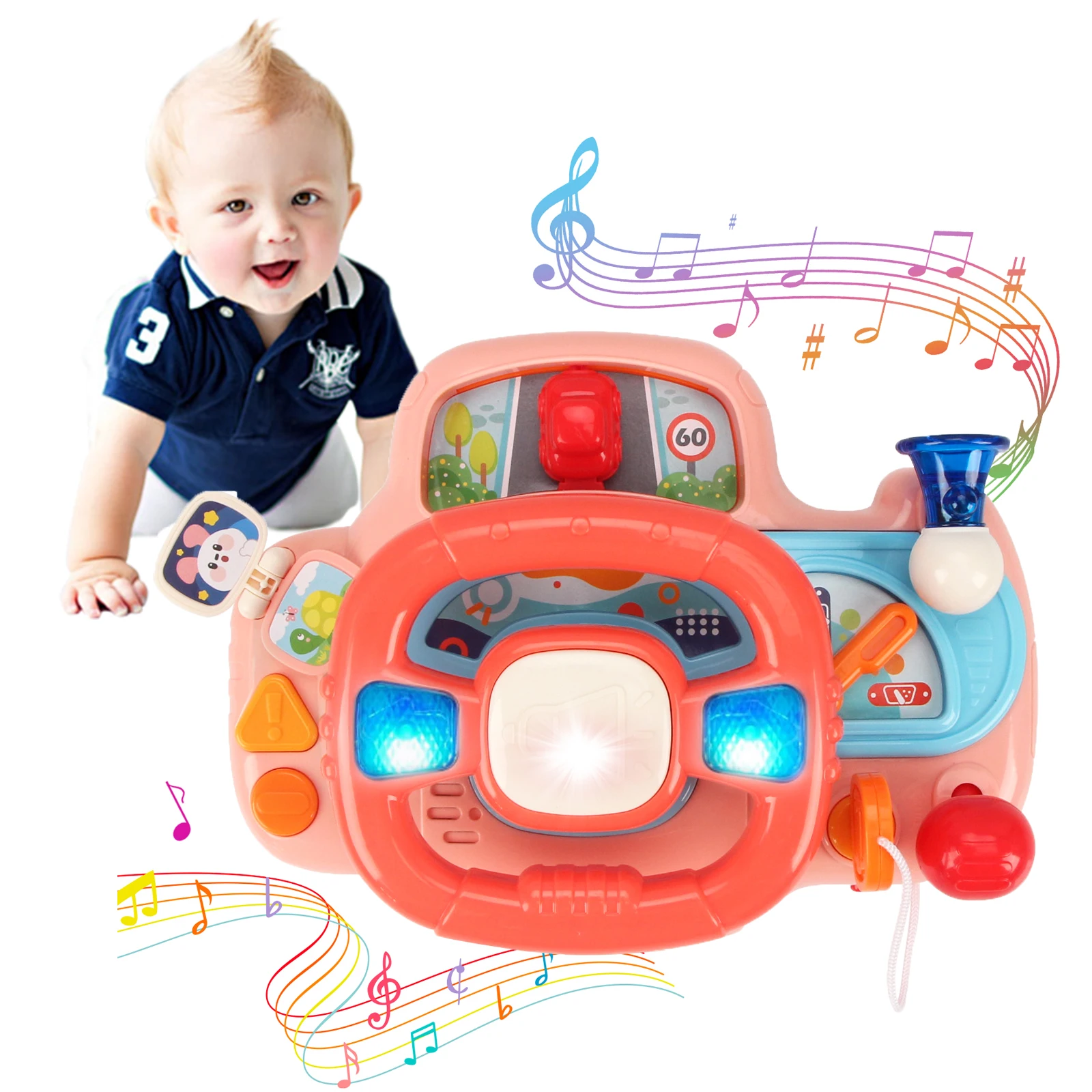 Elektrisches Lenkrad für Babys mit Simulationsfunktion und Geräuschen für Autositze und Kinderwagen, Lernspielzeug für Kleinkinder ab 18 Monaten, Geschenke Image