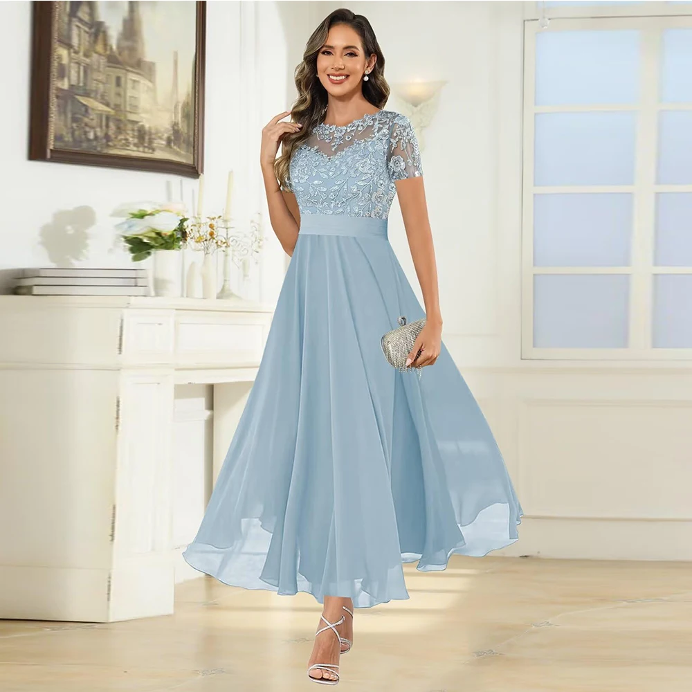 Maßgeschneiderte elegante Spitzenkleider für die Brautmutter mit kurzen Ärmeln, Chiffon, A-Linie, lange formelle Abendkleider, knöchellang Image